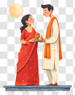 Karwa Chauth - Couple In Traditional Attire Under Moon Transparent PNG