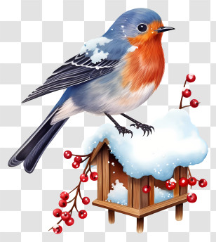 Robin Bird - Winter Bird On Snowy Birdhouse With Berries Transparent PNG