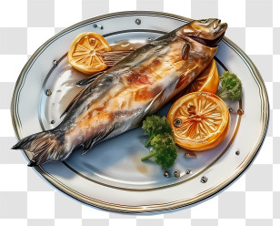 Realistic Fish Dish - Grilled Fish Garnished With Lemons And Herbs Transparent PNG
