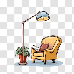 Couch And Lamp - Yellow Armchair With Lamp And Pot Plant Transparent PNG