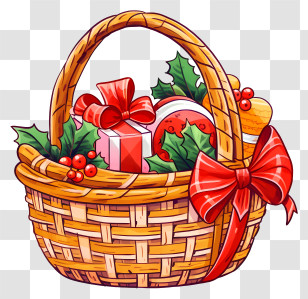 Christmas Decorations - Holiday Gift Basket With Festive Wrapping Transparent PNG