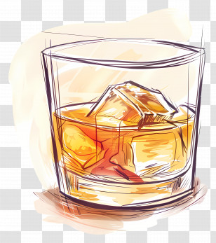 Whisky - Hand-Drawn Glass Of Whiskey With Ice Cubes Transparent PNG