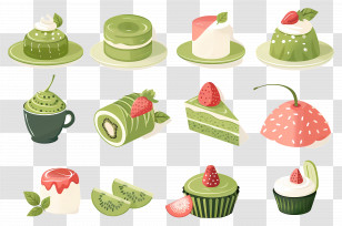 Matcha Dessert - Assorted Matcha Desserts With Fruity Garnish Transparent PNG