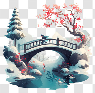 Snowy Bridge - Snowy Bridge Over Frozen Pond Transparent PNG