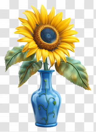 3d Sunflower - Sunflower In Blue Vase With Leaves Transparent PNG