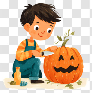 Child Carving Pumpkin - Boy Carving Pumpkin For Halloween Transparent PNG