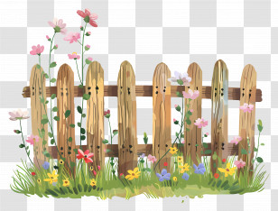 Garden Fence - Wooden Fence With Colorful Flowers Transparent PNG
