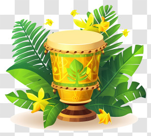 Wood Drum - Beautiful Yellow Drum With Tropical Leaves Transparent PNG