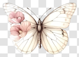 Hand Drawn Elegant Butterfly - Butterfly With Flowers On Delicate Wings Transparent PNG