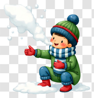 Cartoon Boy Enjoying Winter - Playful Kid In Green Winter Coat Transparent PNG