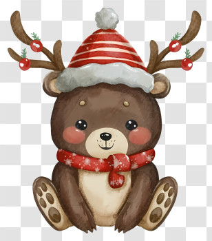 Watercolor Illustration - Festive Bear With Reindeer Hat And Scarf Transparent PNG