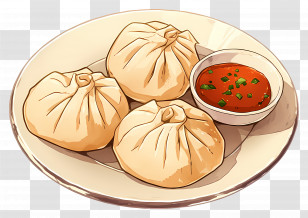 Momos - Steamed Dumplings With Sauce On Plate Transparent PNG