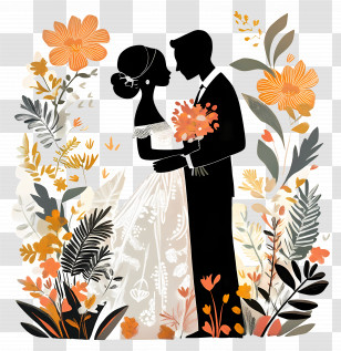 Black Couple Wedding - Silhouette Bride And Groom With Romantic Floral Design Transparent PNG
