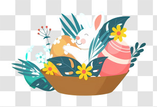 Easter Basket - Easter Bunny With Eggs And Leaves In Basket Transparent PNG