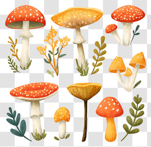 Cottagecore Mushrooms - Botanical Mushrooms And Plants Transparent PNG