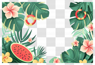 Summer Background - Tropical Leaves And Watermelon Summer Theme Transparent PNG