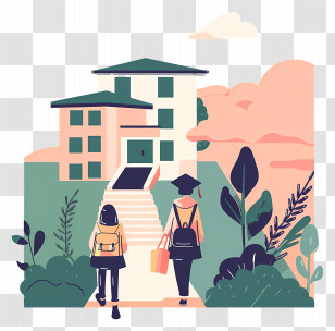 School - School Building With Students Transparent PNG