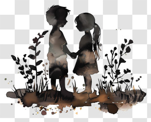 Children Silhouette - Silhouette Of Children Holding Hands Transparent PNG