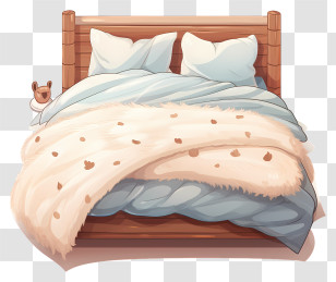 Wooden Bed - Cozy Bed With White And Blue Bedding Transparent PNG