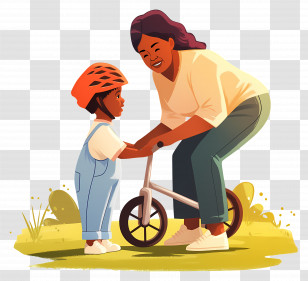 Mom Teaching Son - Child Learning To Ride A Bicycle With Adult Transparent PNG