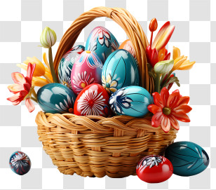 Easter Egg - Decorated Easter Eggs In Wicker Basket Transparent PNG