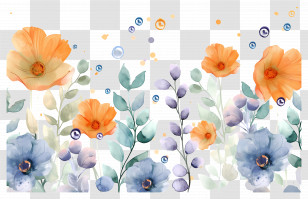 Floral Background - Watercolor Flowers In Vibrant Orange And Blue Transparent PNG