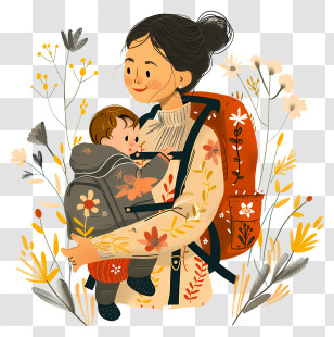 Baby Carrier - Illustration Of Mother And Child With Flowers Transparent PNG