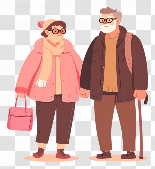 Old People - Elderly Couple Holding Hands Illustration With Warm Clothing Transparent PNG