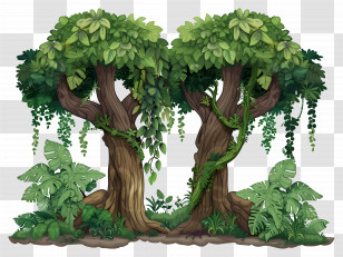 Big Tree - Thick Jungle Trees With Vines And Greenery Illustration Transparent PNG