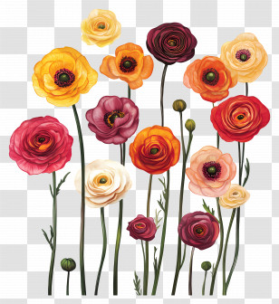 Ranunculus Flowers - Colorful Flowers In Bloom Transparent PNG