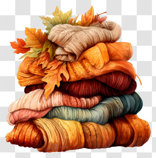 Wool Sweaters - Stack Of Cozy Sweaters With Autumn Leaves Transparent PNG