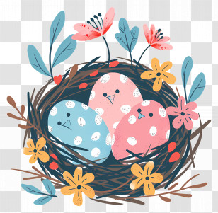 Easter Eggs - Birds In A Nest With Flowers Transparent PNG