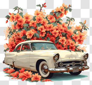 Food Elements - Vintage Car Surrounded By Flowers Transparent PNG
