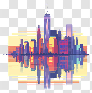 Manhattan City Skyline - Cityscape Reflection In Water Illustration Transparent PNG