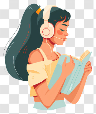 Woman Listening Audiobook - Girl With Headphones Reading A Book Transparent PNG