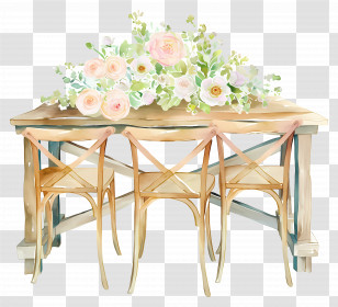 Watercolor Wedding Scene - Flower Arrangement On Wooden Table With Chairs Transparent PNG