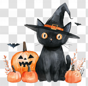 Cute Halloween Cat - Black Cat With Witch Hat For Halloween Transparent PNG