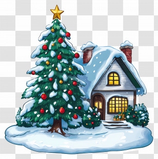 Christmas Yard - Festive Christmas Tree With Snowy House Transparent PNG