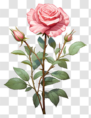 Pink Rose - Illustrated Pink Rose With Stem Transparent PNG