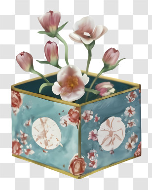 Blue Vase - Decorative Flower Box With Blooming Flowers Transparent PNG