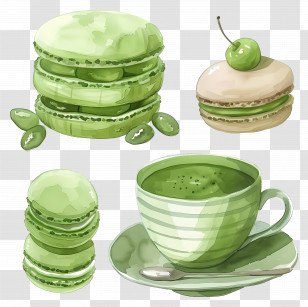 Matcha Desserts - Green Macarons And Tea With Cherry Transparent PNG