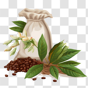 Coffee Beans Bag - Coffee Bag And Leaves Illustration Transparent PNG