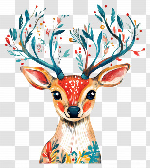 Christmas Deer - Artistic Deer With Floral Antlers Illustration Transparent PNG