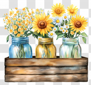 Flower Mason - Sunflowers And Wildflowers In Mason Jars Transparent PNG