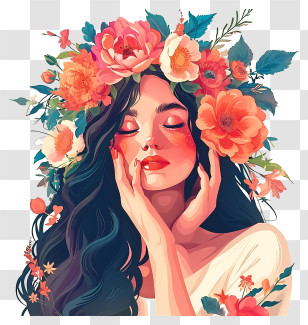 Vector Draw Character Design - Artistic Woman With Floral Crown Illustration Transparent PNG