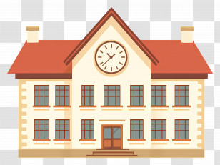 Cartoon School - School Building With Red Roof And Clock Tower Transparent PNG