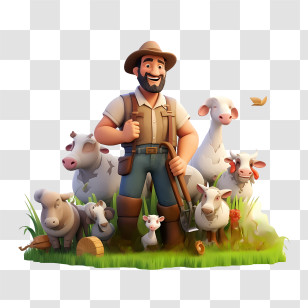 Farmer Day - Cartoon Farmer With Animals In A Pastoral Scene Transparent PNG