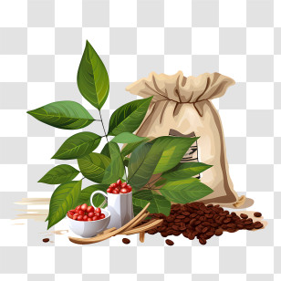 Coffee Beans Bag - Coffee Plant With Beans And Leaves Illustration Transparent PNG