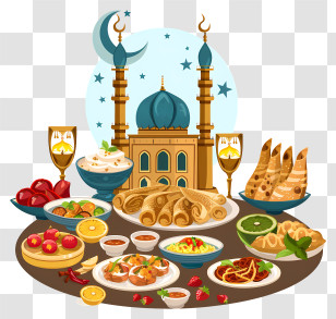 Ramadan Feast - Feast With Mosque And Various Dishes Transparent PNG