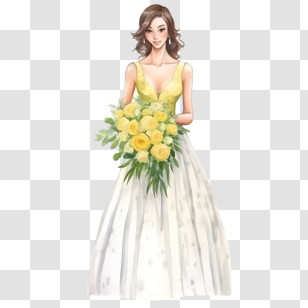 Wedding Dress - Bride Holding Yellow Bouquet Illustration Transparent PNG